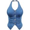 imageOYOANGLE Womens Plus Size Button Front Halter Denim Vest Tops Sleeveless Slit Hem Ruched Jean Tank TopMedium Wash