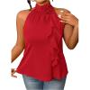 imageOYOANGLE Womens Plus Size Elegant 3D Floral Ruffle Trim Sleeveless Blouse Party Halter Dressy TopRed