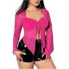 imageOYOANGLE Womens Plus Size Lettuce Trim Tie Front Split Hem Top Sweetheart Neck Long Sleeve Mesh Tee ShirtHot Pink