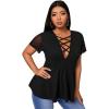 imageOYOANGLE Womens Plus Size Mesh Short Sleeve Criss Cross Front Plunging Neck Peplum BlouseBlack