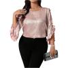 imageOYOANGLE Womens Plus Size Metallic Crew Neck Blouses Ruffle 34 Sleeve Loose Casual Shirts
