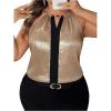 imageOYOANGLE Womens Plus Size Metallic Keyhole Halter Tank Top Sleeveless Elegant Loose Blouse TopsGold