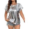 imageOYOANGLE Womens Plus Size Metallic Short Sleeve TShirts Crew Neck Tees Party Clubwear TopsSilver