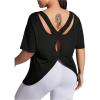 imageOYOANGLE Womens Plus Size Open Back Workout Tops Short Sleeve Criss Cross TShirts Athletic Gym Tee TopBlack