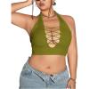 imageOYOANGLE Womens Plus Size Ribbed Knit Criss Cross Backless Halter Tops Sleeveless Fitted Crop Top ClubwearGreen