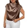 imageOYOANGLE Womens Plus Size Satin Ruched Blouses Mock Neck Cap Sleeve Loose Elegant Shirts Work Office TopsBrown