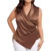 imageOYOANGLE Womens Plus Size Satin Wrap V Neck Sleeveless Blouse Asymmetrical Hem Elegant Work Office Tank TopsBrown