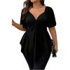 imageOYOANGLE Womens Plus Size Twist Front Short Sleeve Sweetheart Neck Asymmetrical Hem Blouses Solid Peplum TopsBlack