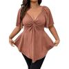 imageOYOANGLE Womens Plus Size Twist Front Short Sleeve Sweetheart Neck Asymmetrical Hem Blouses Solid Peplum TopsBrown