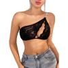 imageOYOANGLE Womens Rhinestone One Shoulder Bralette Floral Lace Cut Out Wireless Medium Support Unlined BrasBlack