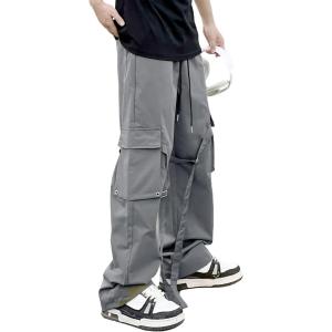 imageOYOANGLE Mens Camo Print Drawstring Waist Straight Wide Leg Flap Pocket Cargo Pants TrousersLight Grey