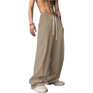 imageOYOANGLE Mens Drawstring Elastic Waist Baggy Sweatpants Y2K Loose Wide Leg Long Pants with PocketApricot