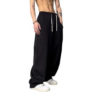 imageOYOANGLE Mens Drawstring Elastic Waist Baggy Sweatpants Y2K Loose Wide Leg Long Pants with PocketBlack