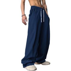 imageOYOANGLE Mens Drawstring Elastic Waist Baggy Sweatpants Y2K Loose Wide Leg Long Pants with PocketBlue Dark