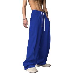 imageOYOANGLE Mens Drawstring Elastic Waist Baggy Sweatpants Y2K Loose Wide Leg Long Pants with PocketBlue Royal