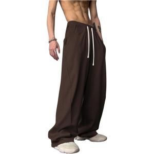 imageOYOANGLE Mens Drawstring Elastic Waist Baggy Sweatpants Y2K Loose Wide Leg Long Pants with PocketDark Brown