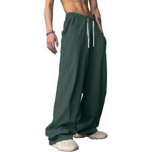 imageOYOANGLE Mens Drawstring Elastic Waist Baggy Sweatpants Y2K Loose Wide Leg Long Pants with PocketDark Green