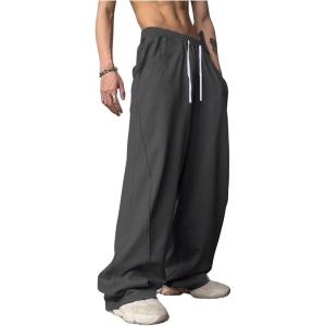 imageOYOANGLE Mens Drawstring Elastic Waist Baggy Sweatpants Y2K Loose Wide Leg Long Pants with PocketGrey