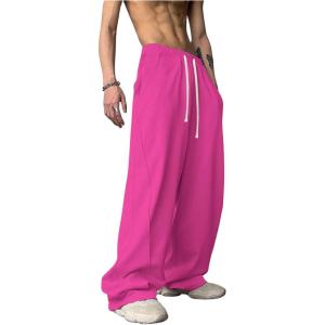 imageOYOANGLE Mens Drawstring Elastic Waist Baggy Sweatpants Y2K Loose Wide Leg Long Pants with PocketHot Pink