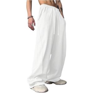 imageOYOANGLE Mens Drawstring Elastic Waist Baggy Sweatpants Y2K Loose Wide Leg Long Pants with PocketLight White