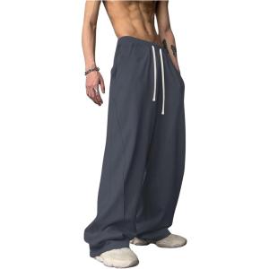imageOYOANGLE Mens Drawstring Elastic Waist Baggy Sweatpants Y2K Loose Wide Leg Long Pants with PocketMedium Grey