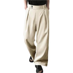 imageOYOANGLE Mens Pleated High Waist Wide Leg Pants Loose Fit Casual Pants with PocketBeige