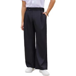 imageOYOANGLE Mens Pleated High Waist Wide Leg Pants Loose Fit Casual Pants with PocketBlack