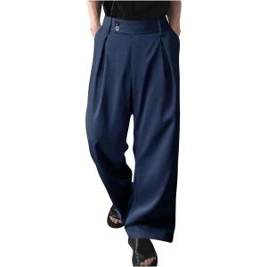 imageOYOANGLE Mens Pleated High Waist Wide Leg Pants Loose Fit Casual Pants with PocketRoyal Blue