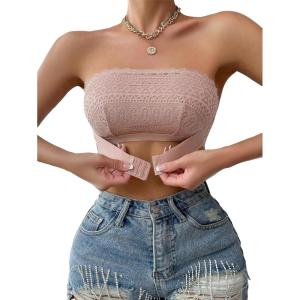 imageOYOANGLE Womens Contrast Lace Eyelet Embroidered Bandeau Bralette Seamless Non Slip Strapless Bra