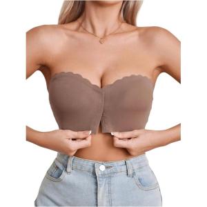 imageOYOANGLE Womens Front Closure Push Up Strapless Bra Scallop Trim Wireless Bandeau Bralettes Invisible Tube TopsCoffee Brown
