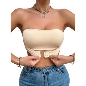 imageOYOANGLE Womens Front Closure Strapless Bra Wireless Tube Bralette Seamless Bandeau BrasApricot
