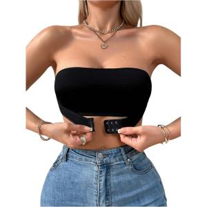 imageOYOANGLE Womens Front Closure Strapless Bra Wireless Tube Bralette Seamless Bandeau BrasBlack