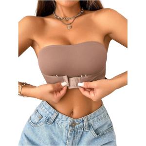 imageOYOANGLE Womens Front Closure Strapless Bra Wireless Tube Bralette Seamless Bandeau BrasBrown