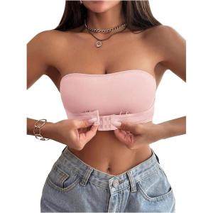 imageOYOANGLE Womens Front Closure Strapless Bra Wireless Tube Bralette Seamless Bandeau BrasPink