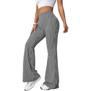 imageOYOANGLE Womens Houndstooth Pattern High Waisted Flared Leg Pants Workout Bell Bottom Casual PantsBlack and White
