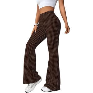 imageOYOANGLE Womens Houndstooth Pattern High Waisted Flared Leg Pants Workout Bell Bottom Casual PantsBrown