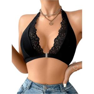 imageOYOANGLE Womens Lace Trim Front Closure Bralette Halter Neck Wireless Backless Knitted Casual Everyday BrasBlack