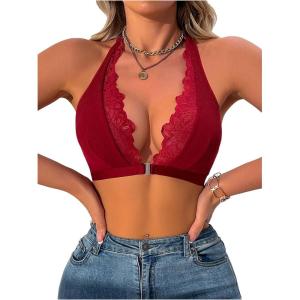 imageOYOANGLE Womens Lace Trim Front Closure Bralette Halter Neck Wireless Backless Knitted Casual Everyday BrasBurgundy