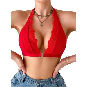 imageOYOANGLE Womens Lace Trim Front Closure Bralette Halter Neck Wireless Backless Knitted Casual Everyday BrasRed