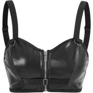 imageOYOANGLE Womens PU Leather Zip Up Bustier Crop Top Push Up Adjustable Straps Bra BralettesBlack