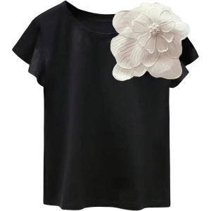 imageOYOANGLE Womens Plus Size 3D Floral Appliques Tee Shirts Crew Neck Ruffle Short Sleeve Solid Casual Shirt TopsBlack and White