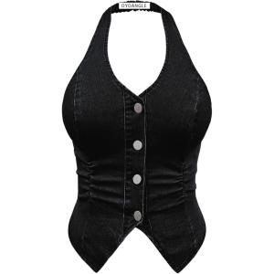 imageOYOANGLE Womens Plus Size Button Front Halter Denim Vest Tops Sleeveless Slit Hem Ruched Jean Tank TopBlack