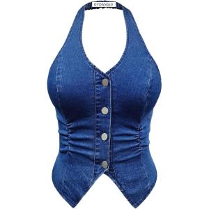 imageOYOANGLE Womens Plus Size Button Front Halter Denim Vest Tops Sleeveless Slit Hem Ruched Jean Tank TopBlue