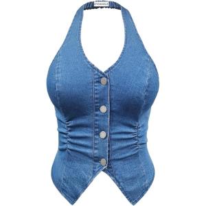imageOYOANGLE Womens Plus Size Button Front Halter Denim Vest Tops Sleeveless Slit Hem Ruched Jean Tank TopMedium Wash
