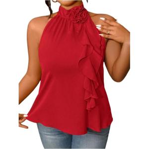 imageOYOANGLE Womens Plus Size Elegant 3D Floral Ruffle Trim Sleeveless Blouse Party Halter Dressy TopRed