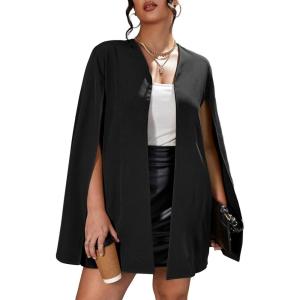 imageOYOANGLE Womens Plus Size Elegant Cape Blazer Split Long Sleeve Open Front Work Office Jacket OuterwearBlack