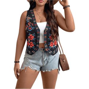 imageOYOANGLE Womens Plus Size Floral Embroidered Open Front Vintage Vest Sleeveless V Neck Cardigan WaistcoatBlack
