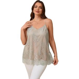 imageOYOANGLE Womens Plus Size Floral Lace Up Camisoles Double Layers V Neck Spaghetti Strap Loose Tunic Cami TopsGrey
