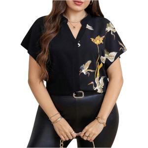 imageOYOANGLE Womens Plus Size Graphic Print Office Blouses Notch Neck Short Sleeve Elegant Casual Shirts TopsBlack
