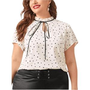 imageOYOANGLE Womens Plus Size Heart Print Tie Neck Short Sleeve Work Office Summer Blouse TopsWhite